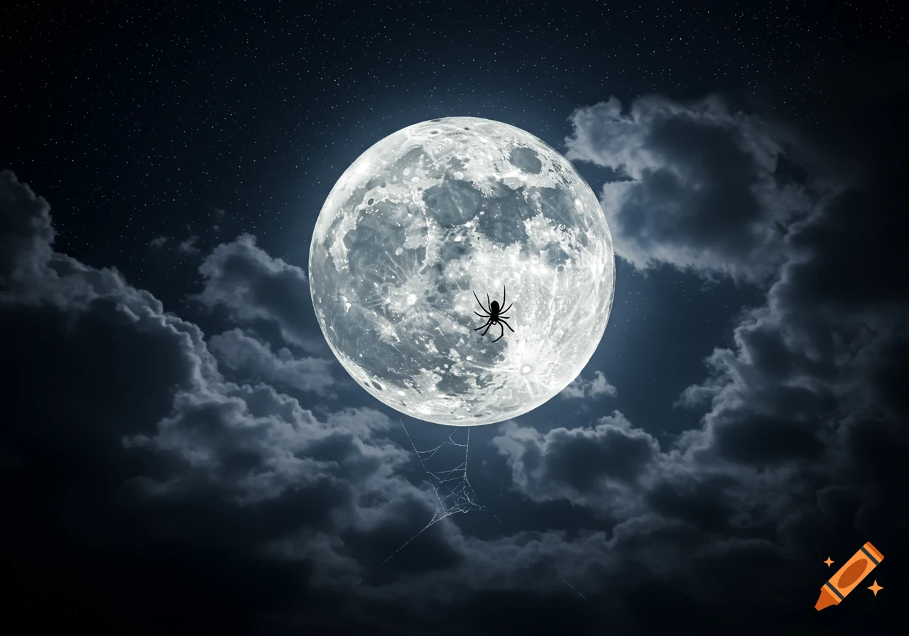 A black spider clings to a bright full moon at night, with dark clouds and stars. A delicate spiderweb hangs below.