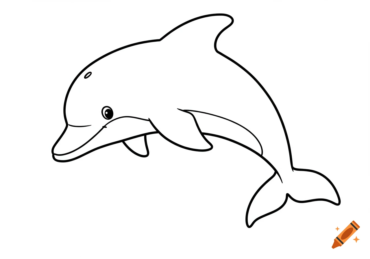 A simple cartoon line art drawing of a cute dolphin jumping, suitable for a kids' coloring book.