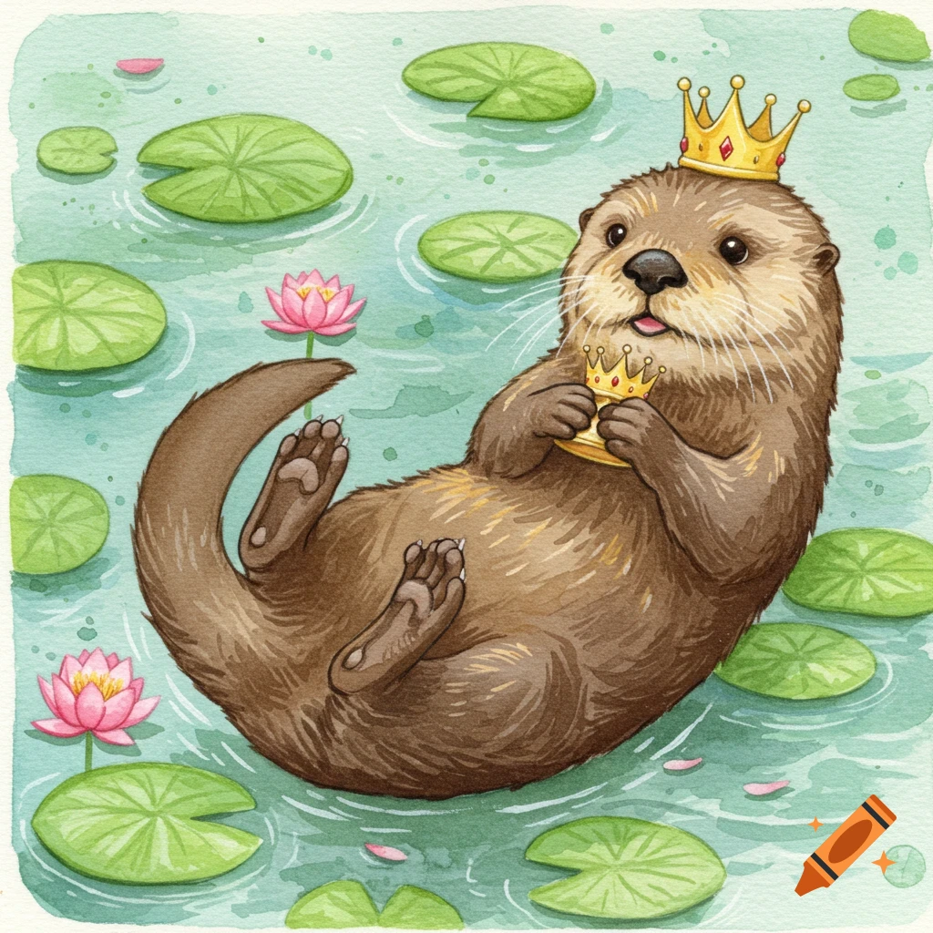 A cute watercolor otter floats on its back in a pond with lily pads, wearing a golden crown and holding a smaller one.