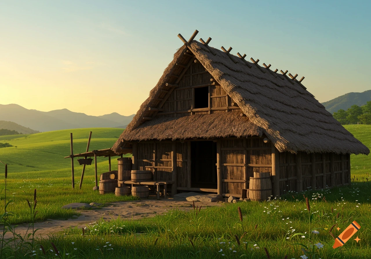 A traditional Japanese thatched-roof wooden dwelling in a vibrant green field with mountains under a warm sky.