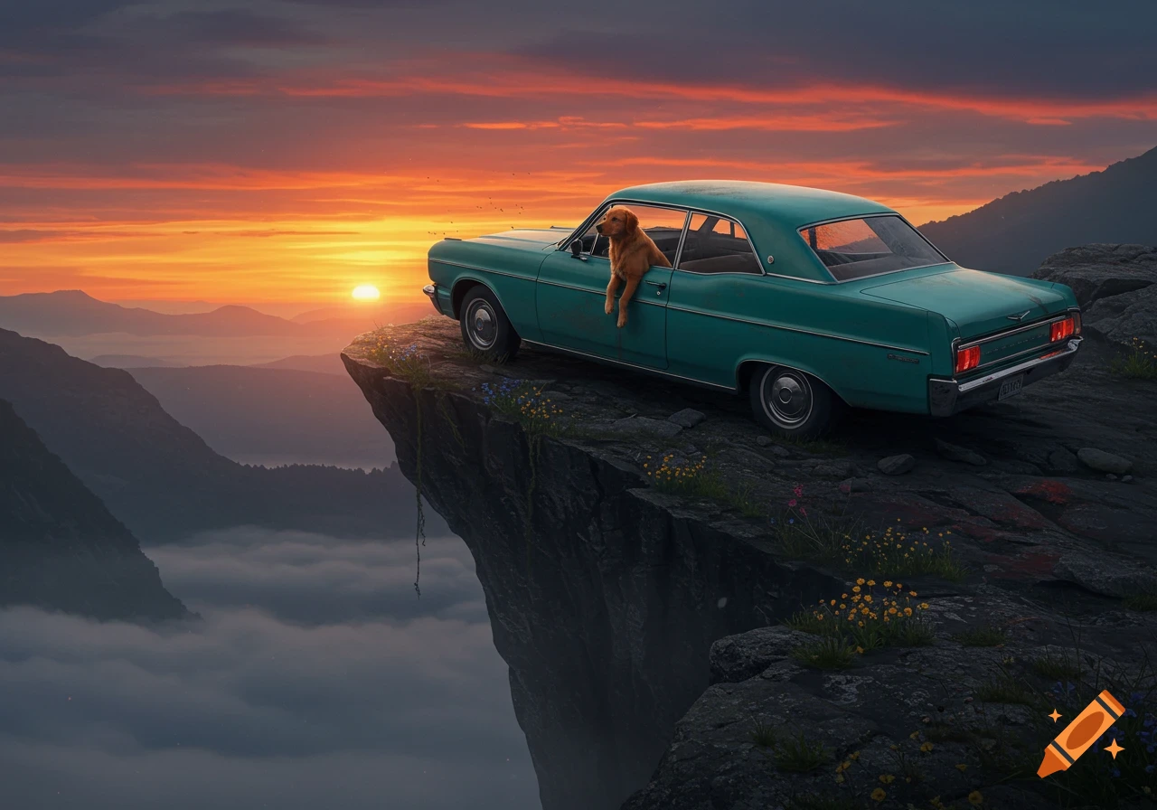 A dog looks out of a vintage teal car parked precariously on a cliff edge at sunset, overlooking a misty mountain valley.