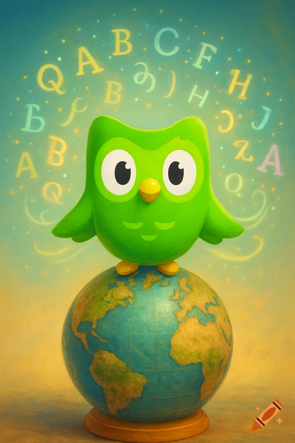 A vibrant illustration of the green Duolingo owl mascot standing on a globe, with various alphabet letters floating around its head.