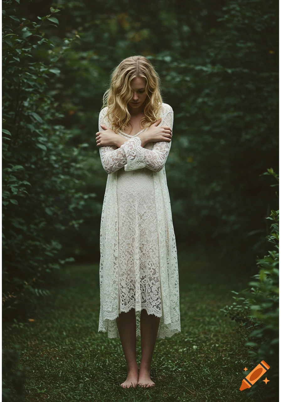 A sad blonde woman in a white lace dress stands barefoot in a dark forest, holding herself tightly.