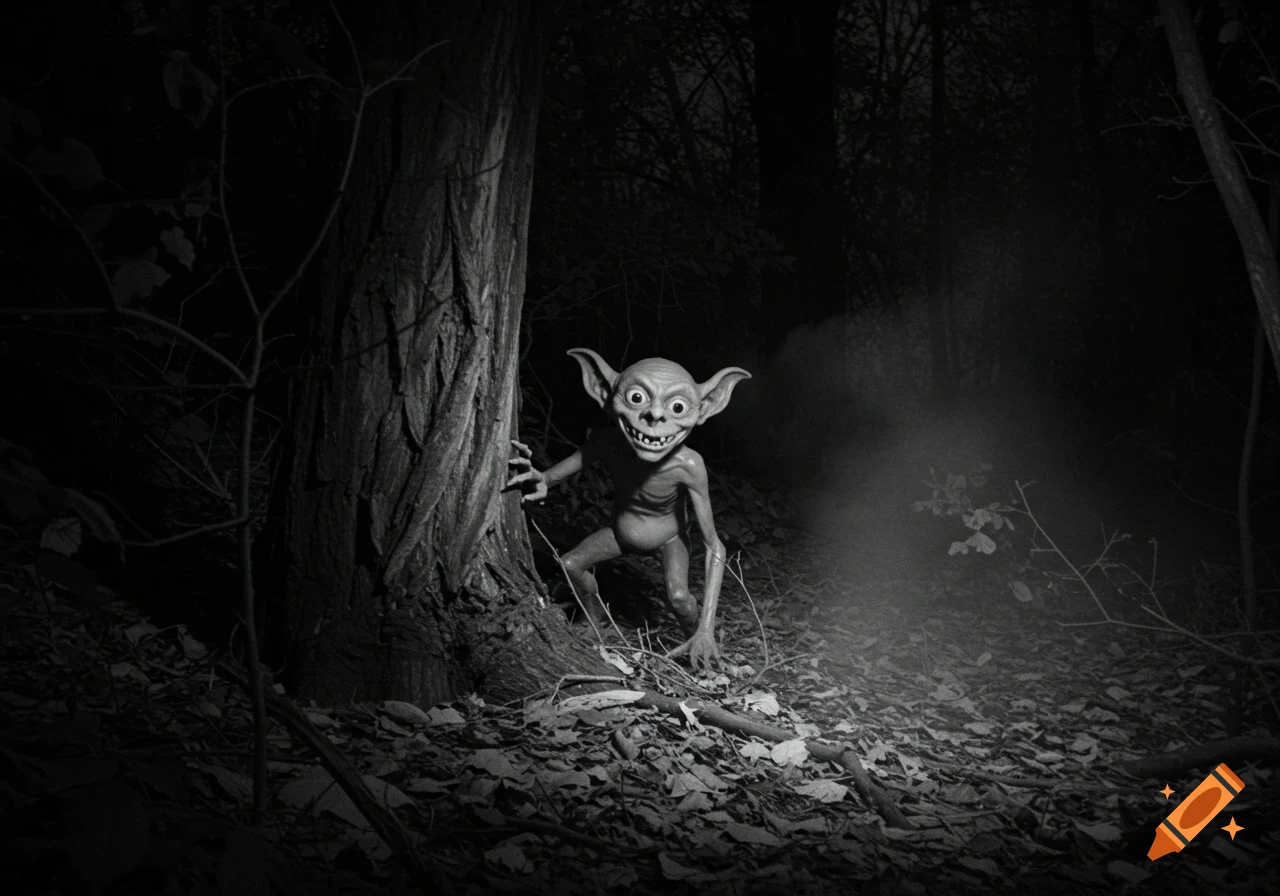 A creepy, wide-eyed goblin peeks from behind a tree in a dark, grainy, black and white forest, like trail cam footage.