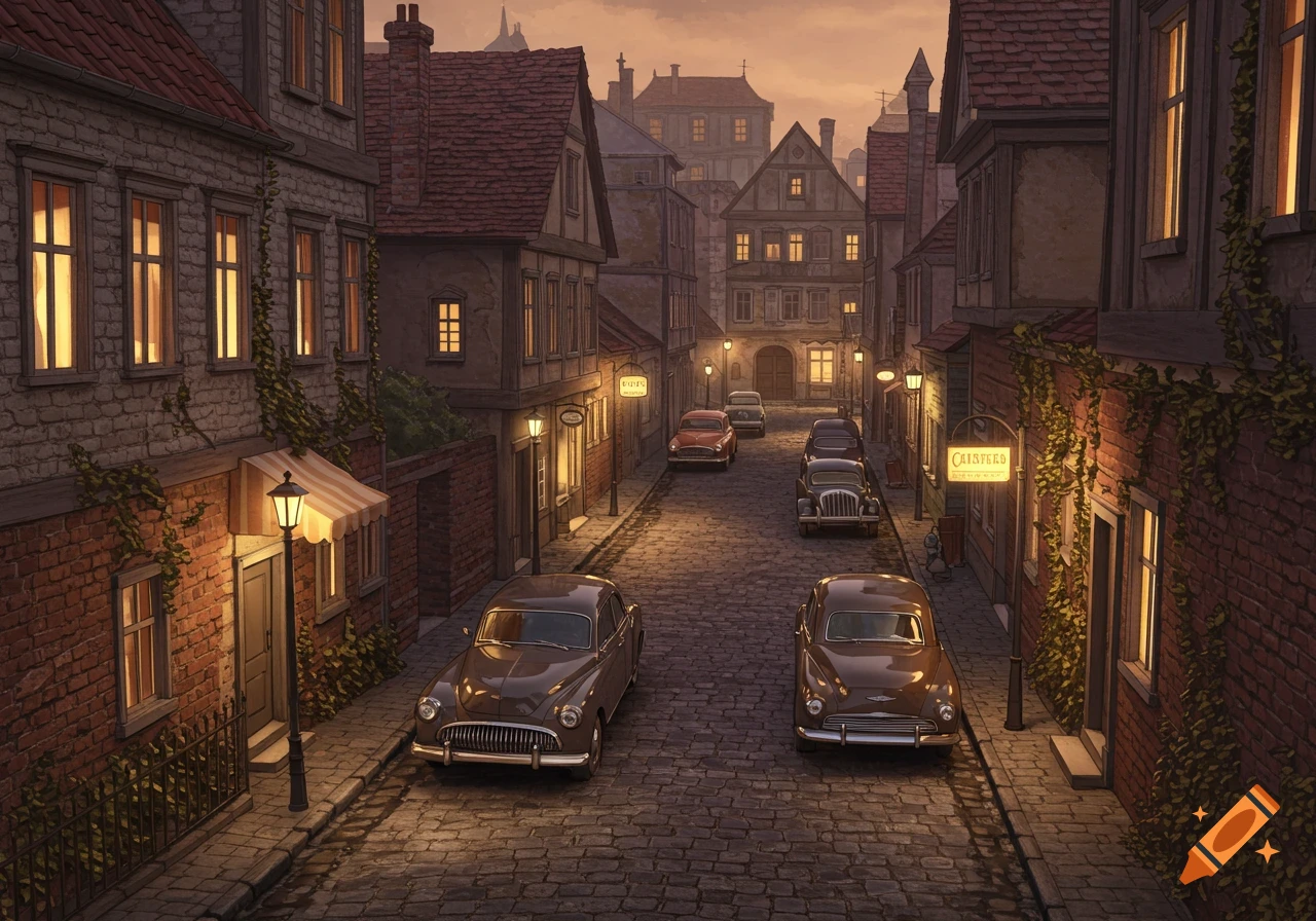 Cobbled street in an old European city at dusk, lined with brick buildings with lit windows and classic cars.