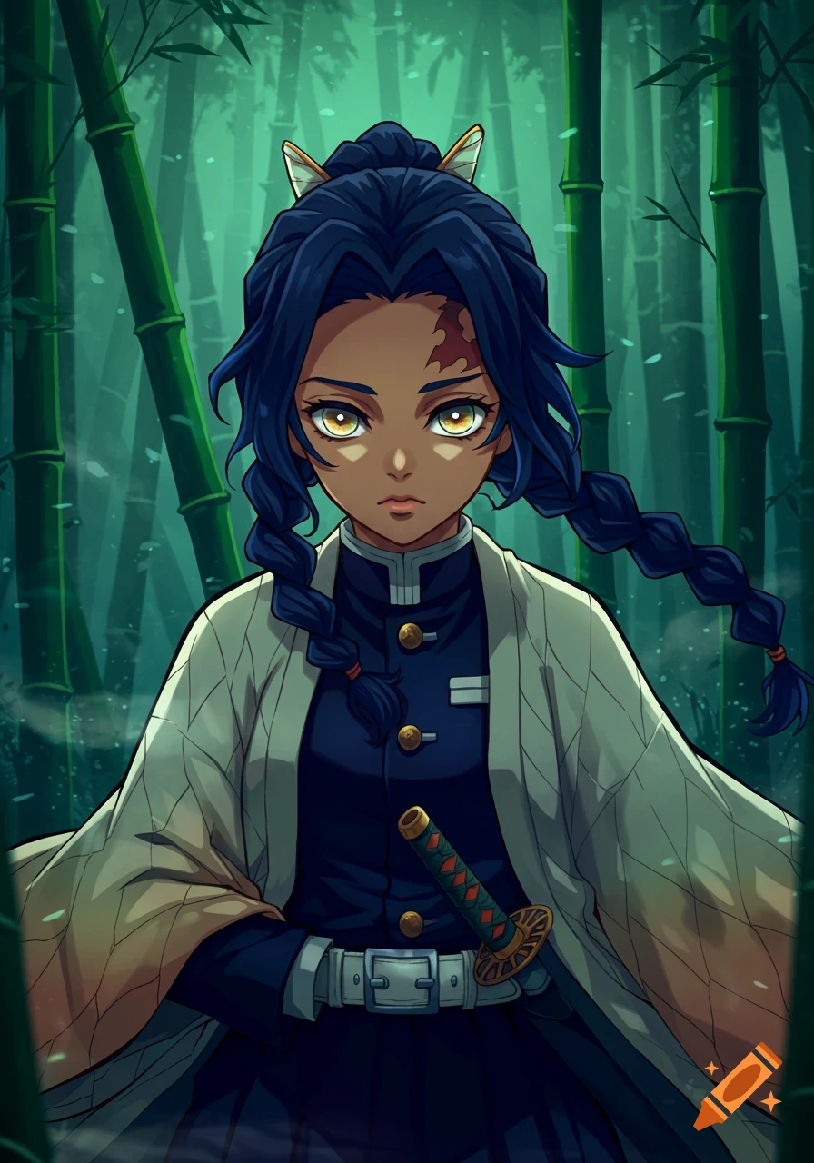 Anime drawing of a dark-skinned woman with navy braided hair and honey eyes, wearing a white haori over a dark uniform with a katana, in a bamboo forest.