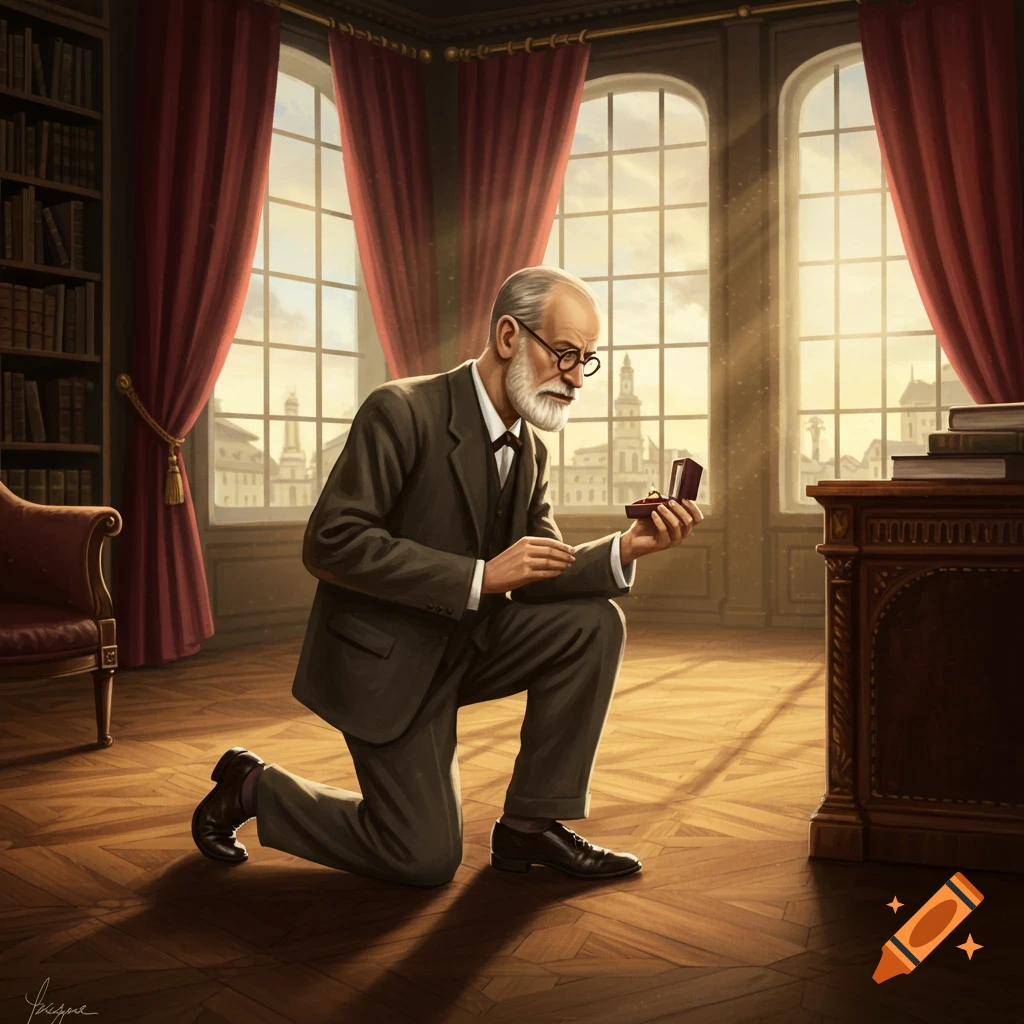 Sigmund Freud, a man with a white beard, kneels in a grand, sunlit room, holding an open ring box.