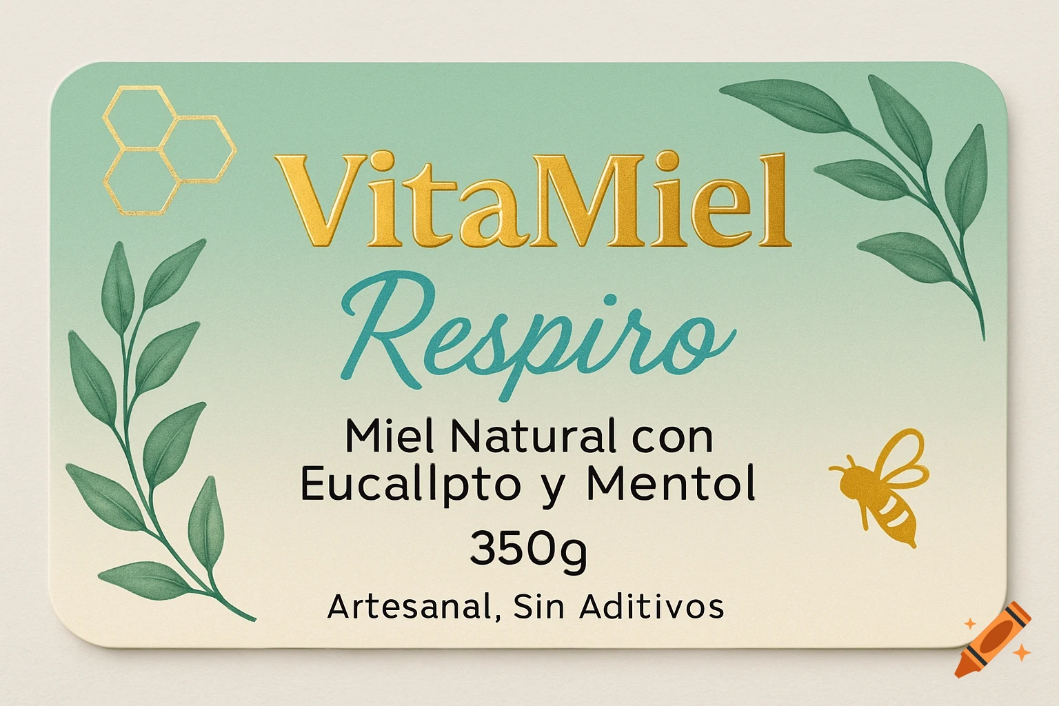 A product label for VitaMiel Respiro honey. It features a green-to-cream gradient background with gold honeycomb, green leaves, a gold bee, and text.
