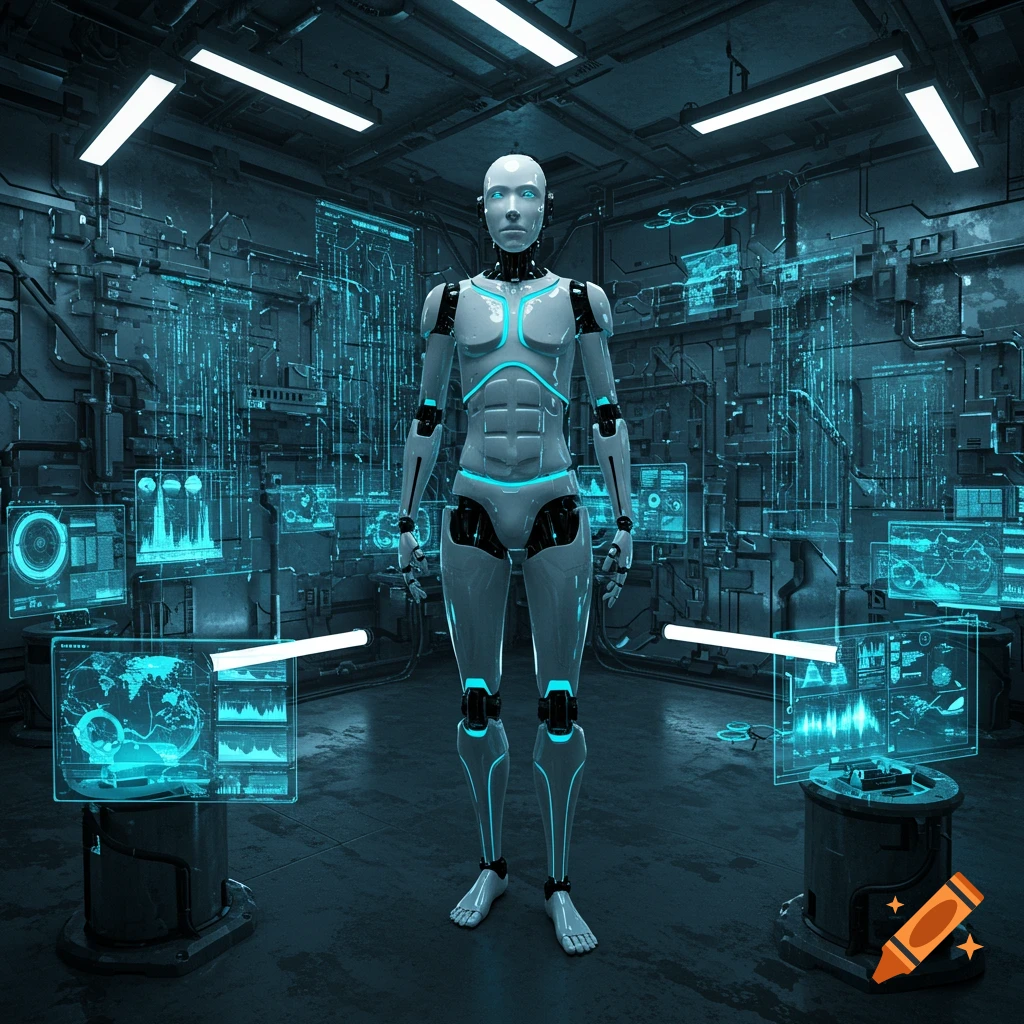 A sleek white humanoid robot stands in a dark futuristic lab filled with glowing blue holographic interfaces.