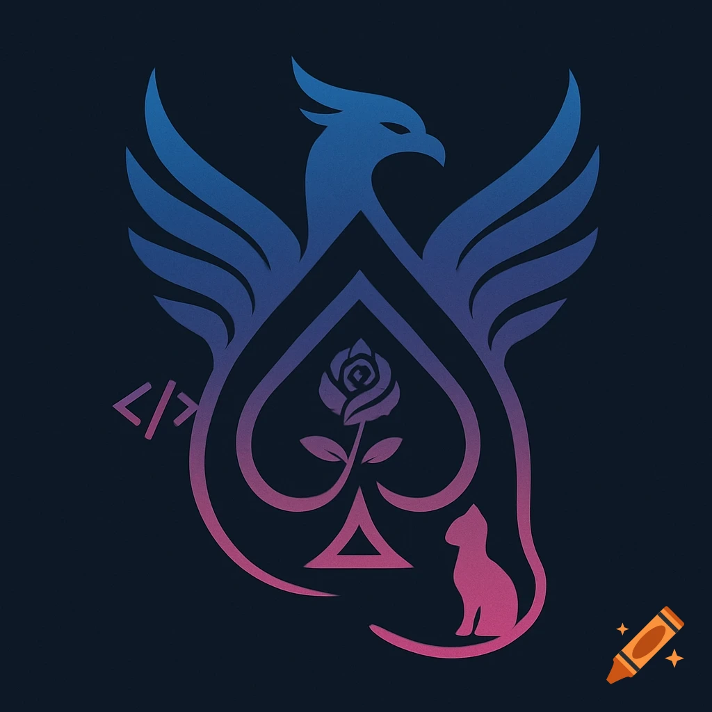 Stylized logo featuring a blue-to-pink gradient phoenix, an ace of spades with a rose, a cat, and a coding symbol.