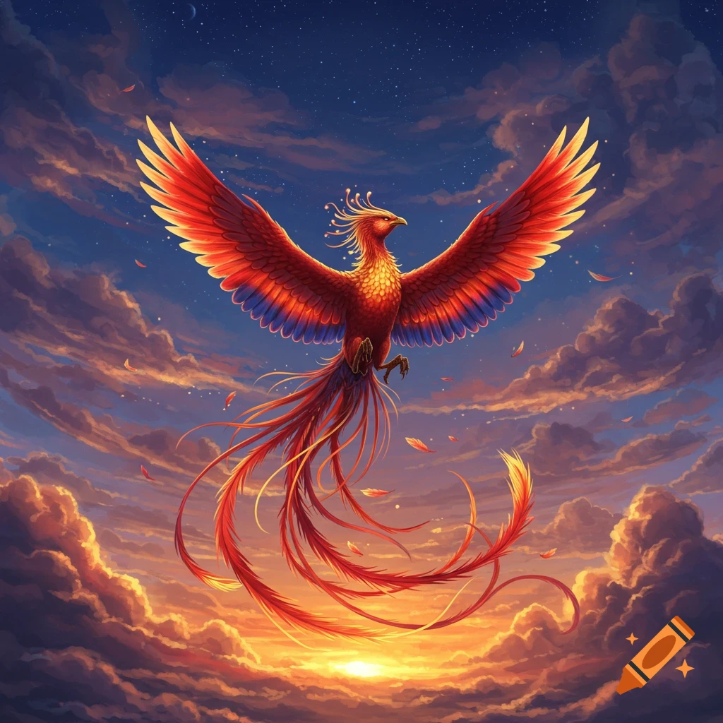 A vibrant phoenix with fiery red, orange, and blue feathers soars through a dramatic sunset sky filled with clouds.