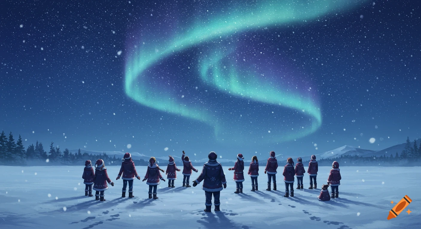 A group of people in winter coats watch the green aurora borealis dance across a starry night sky above a snowy plain.