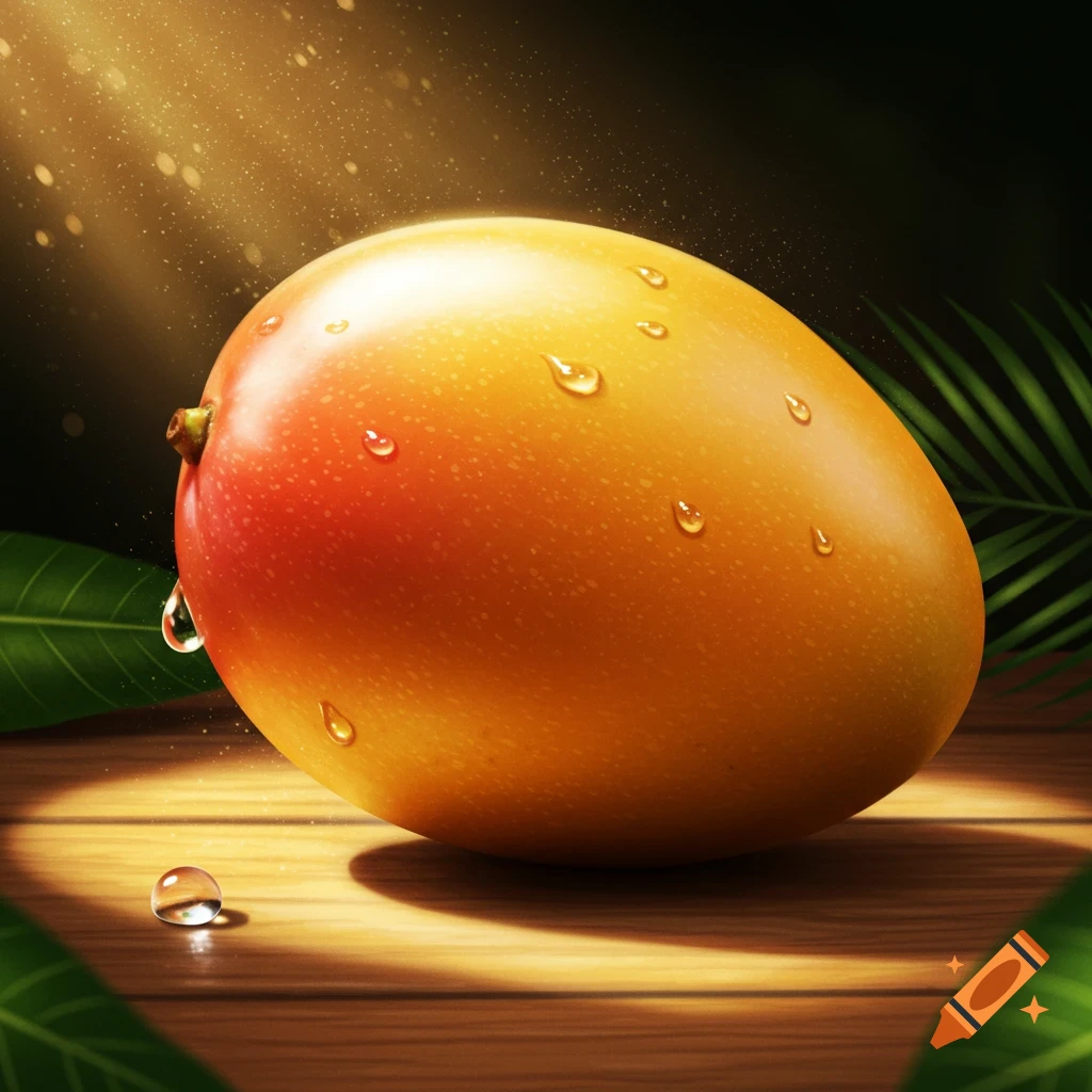 A vibrant mango covered in water droplets rests on a wooden table with soft lighting and green leaves in the background.