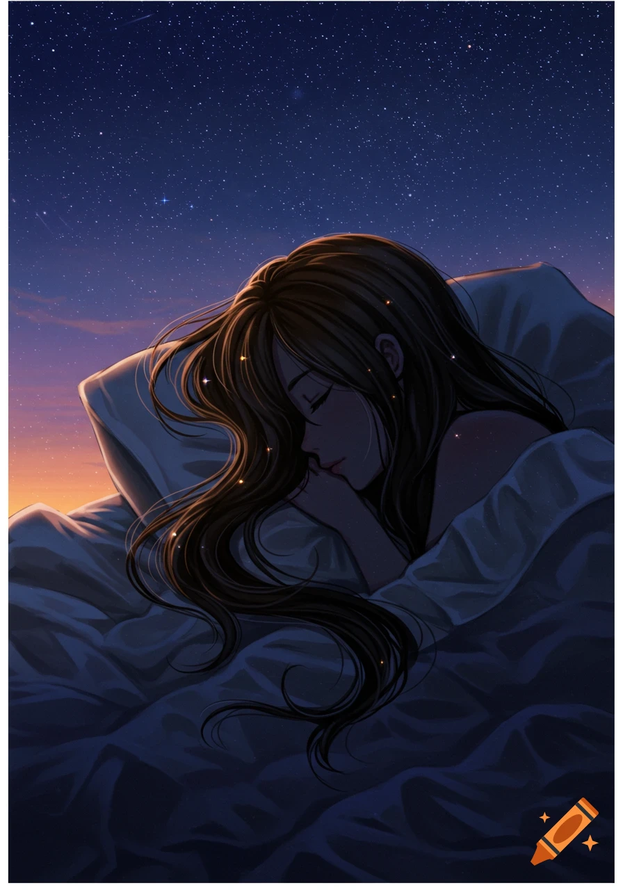 A stylized illustration of a girl sleeping peacefully under a starry night sky, with her long dark hair spread on the pillow.