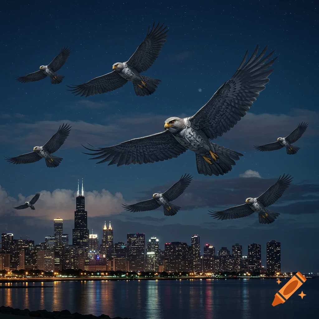 Several armored eagles fly over a nighttime cityscape with a prominent skyscraper and a calm body of water reflecting city lights.