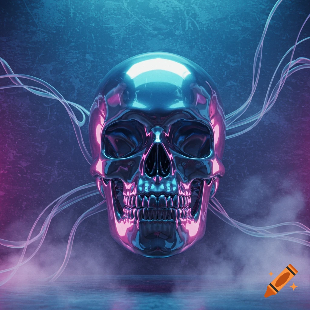 A stylized chrome skull in vibrant neon pink and blue light, with swirling translucent tubes and smoke around it, on a dark textured background.
