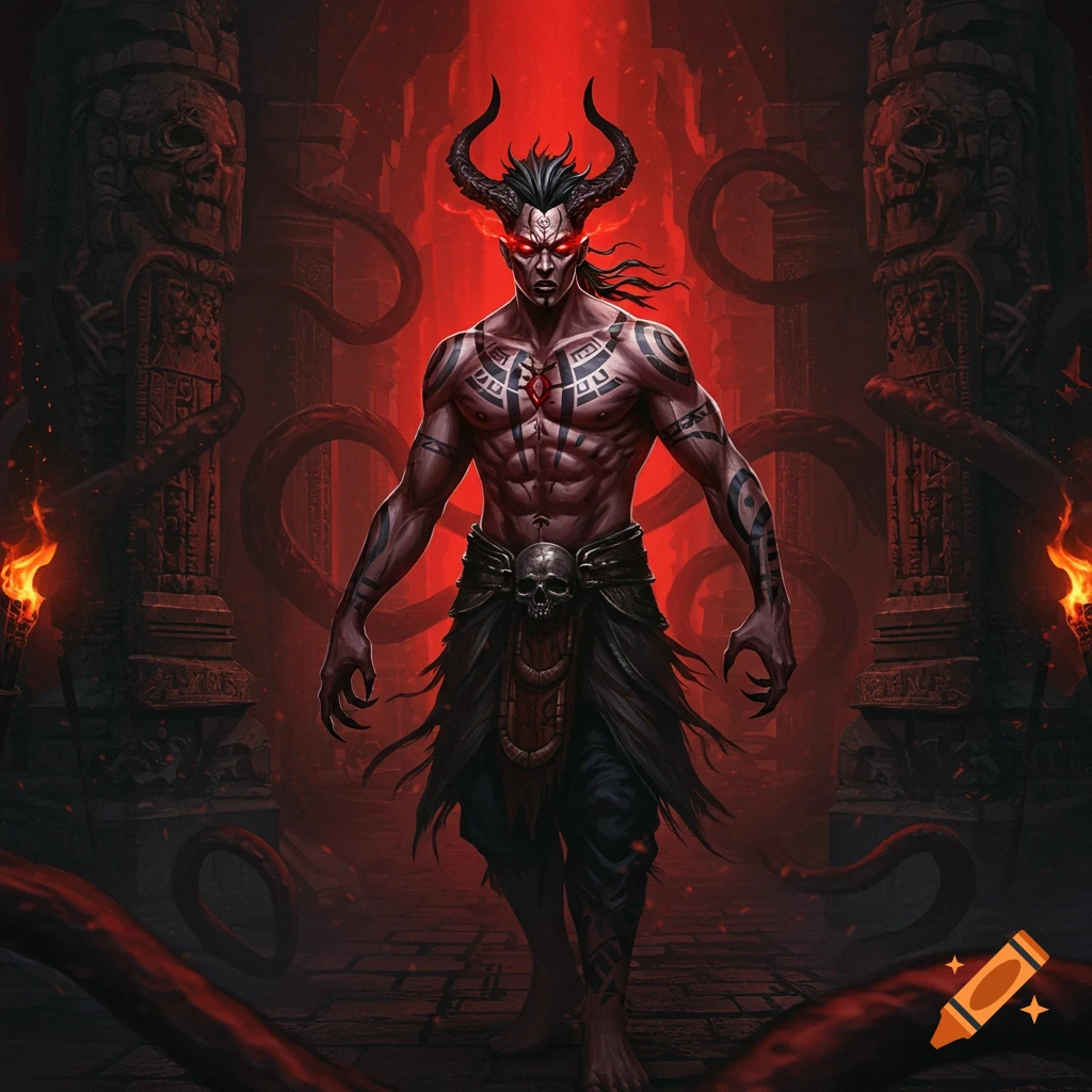 A demonic figure with horns, glowing red eyes, and tribal tattoos stands in a fiery, dark temple setting.