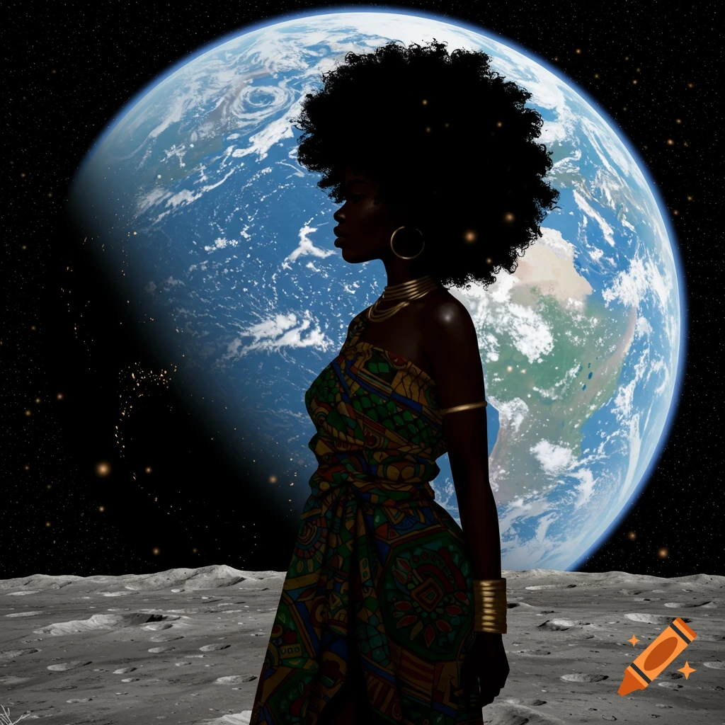 A Black woman with an afro in colorful West African attire stands on the moon, Earth visible in the starry background.