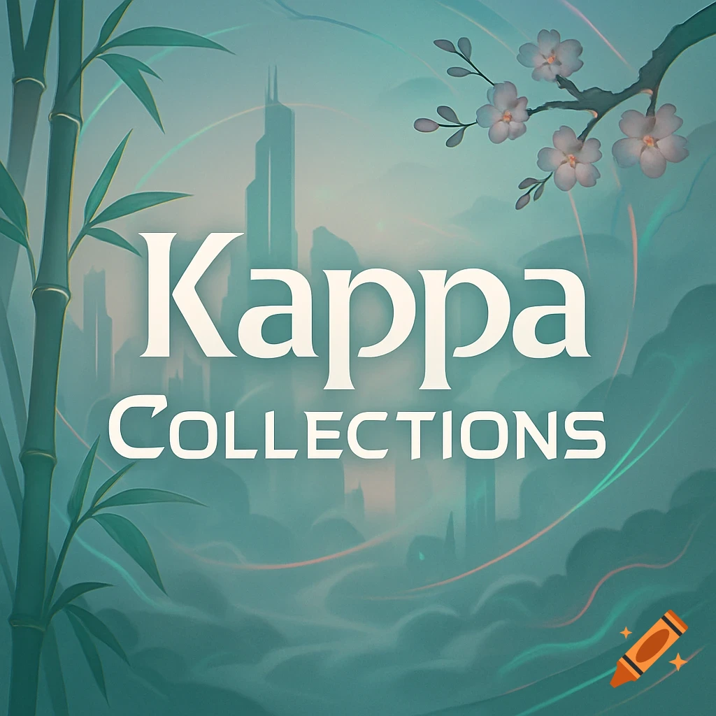 Stylized graphic with 'Kappa Collections' text, a futuristic cityscape silhouette, bamboo, and cherry blossoms on a teal background.