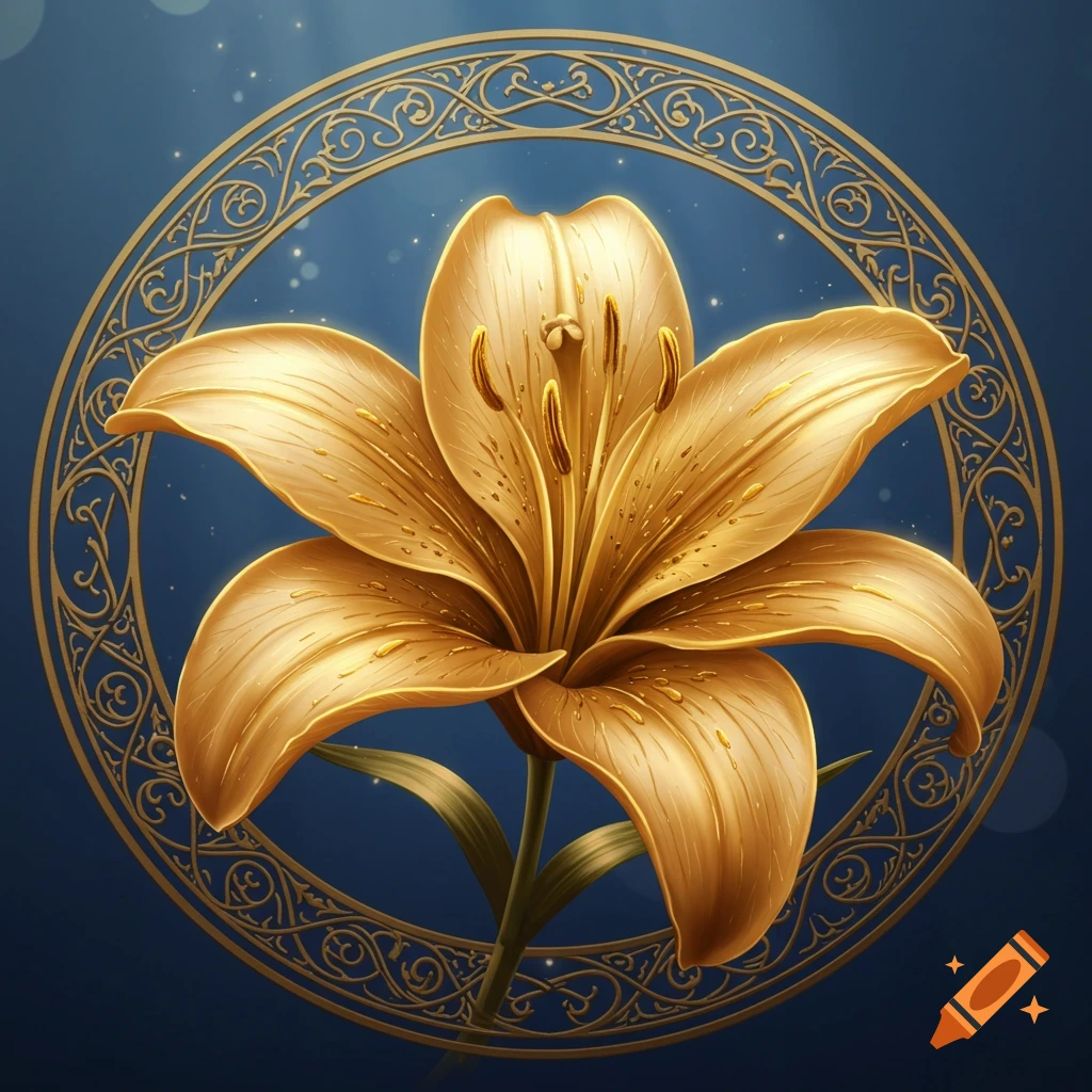 Golden lily with dew drops in an ornate golden circular frame on a dark blue background.