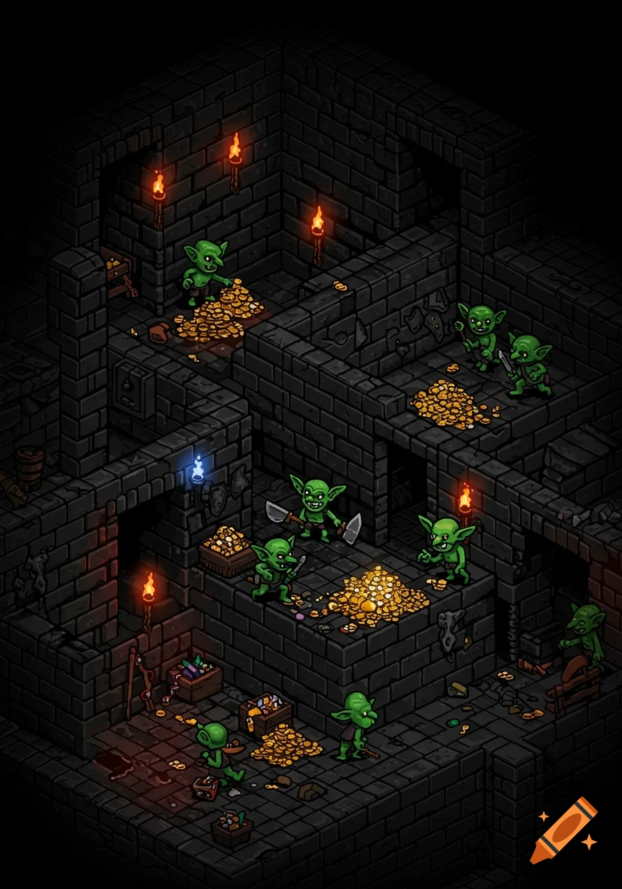 Isometric view of green goblins guarding piles of gold in a dark stone dungeon, in a retro pixel art video game style.
