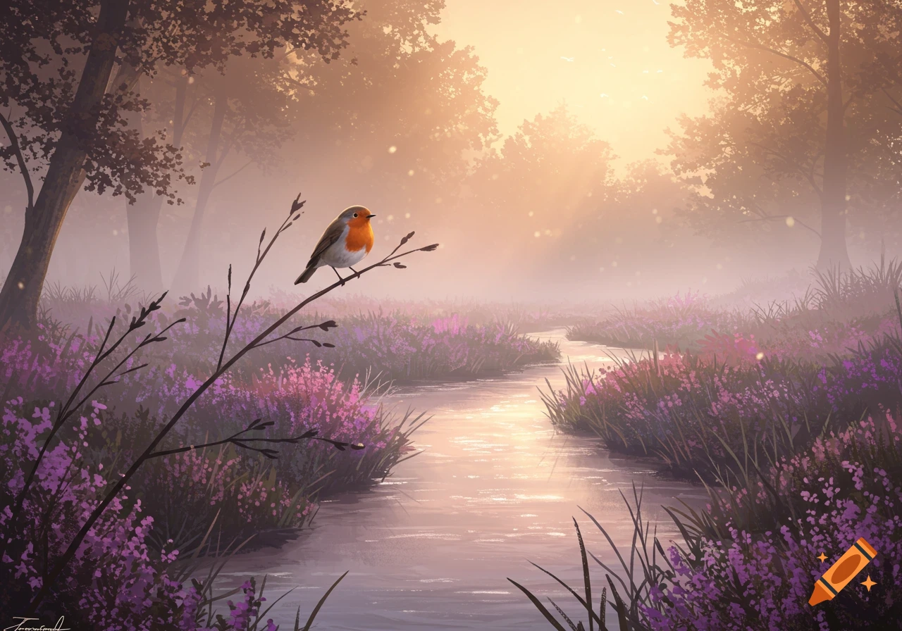 Digital painting of a robin on a branch overlooking a misty stream with purple heather at sunrise.