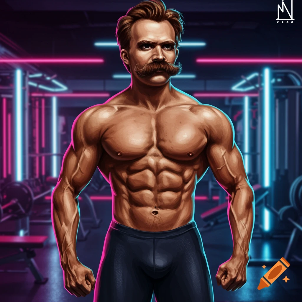 A stylized illustration of a muscular Friedrich Nietzsche shirtless in a neon-lit gym.