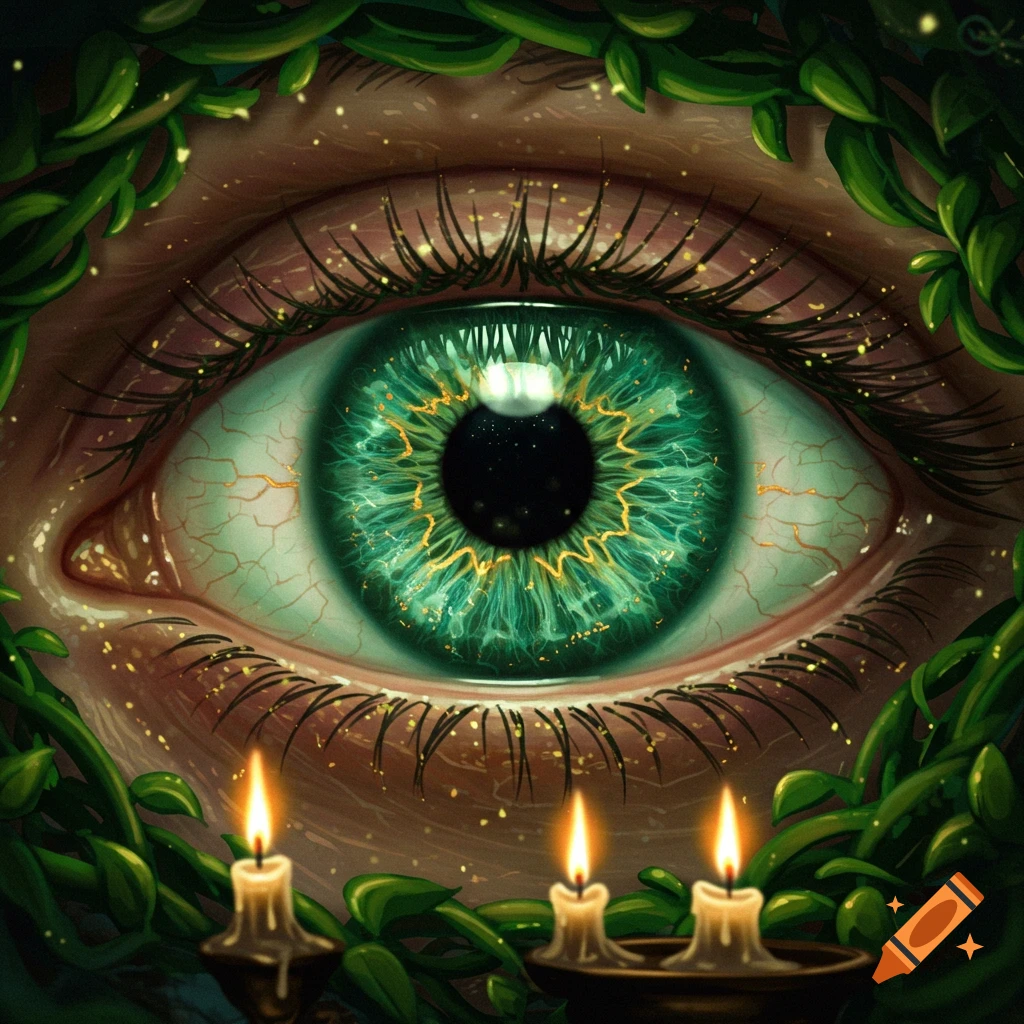 A close-up of a mystical green eye with a golden iris pattern, surrounded by dark green vines and three glowing candles.