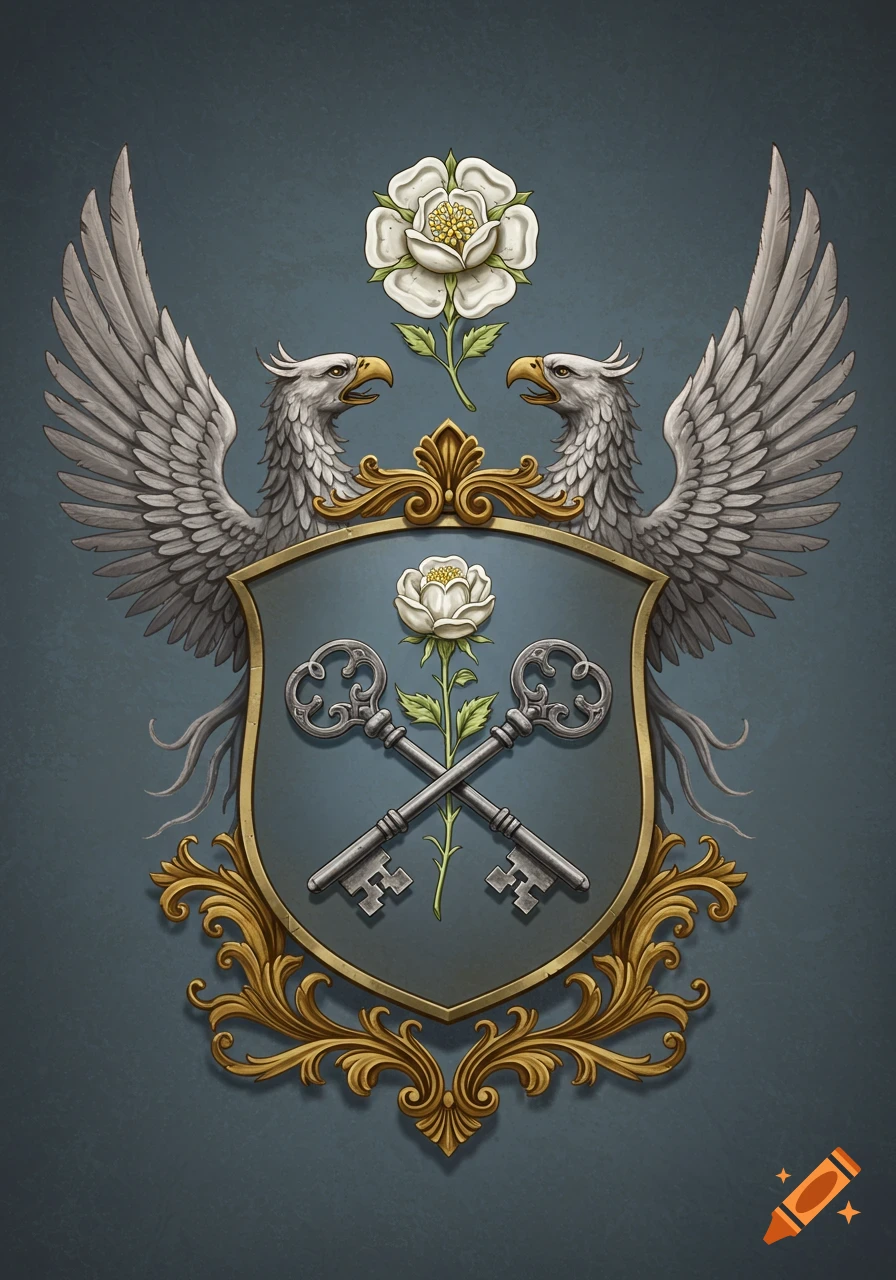 Detailed illustration of a coat of arms with two griffons, a shield featuring crossed antique keys and a white rose, and another white rose above.