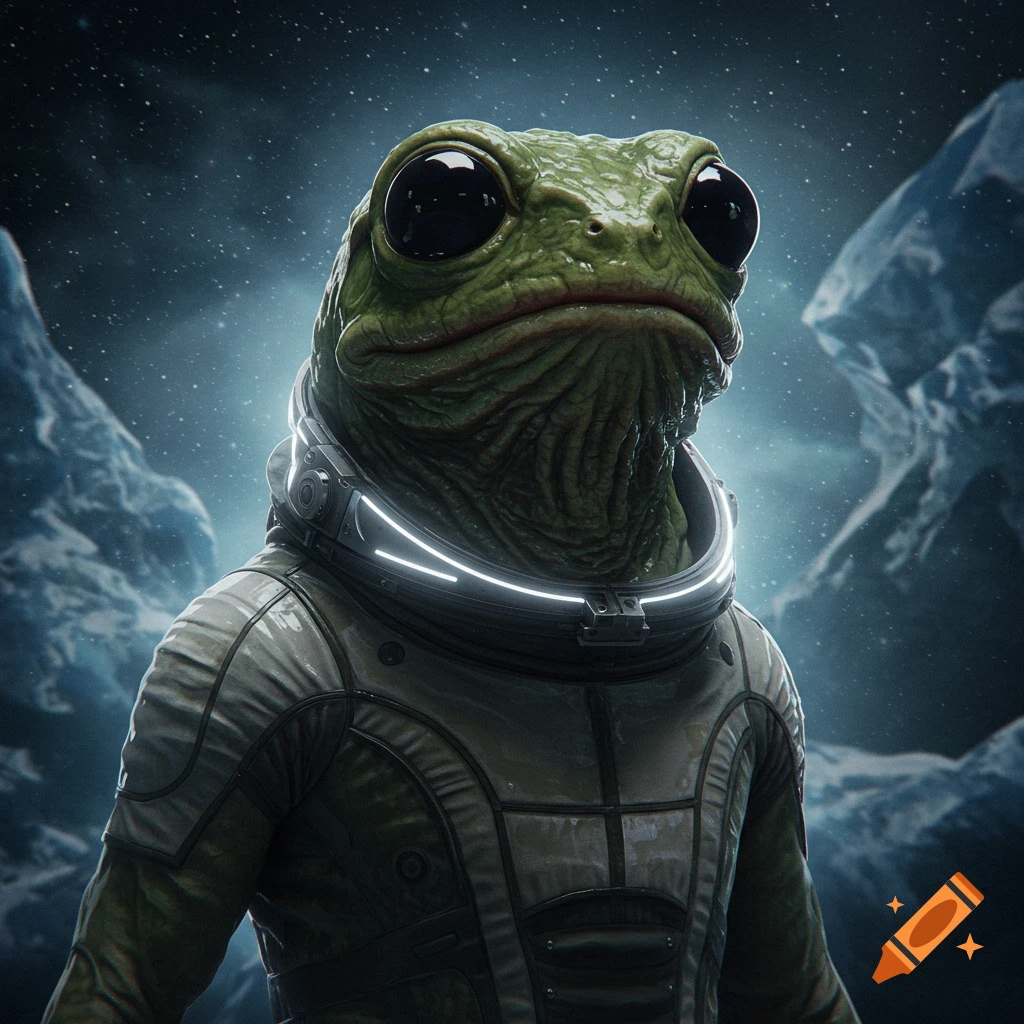 A grotesque, black-eyed humanoid frog in a space suit stares forward in a snowy, starry landscape.