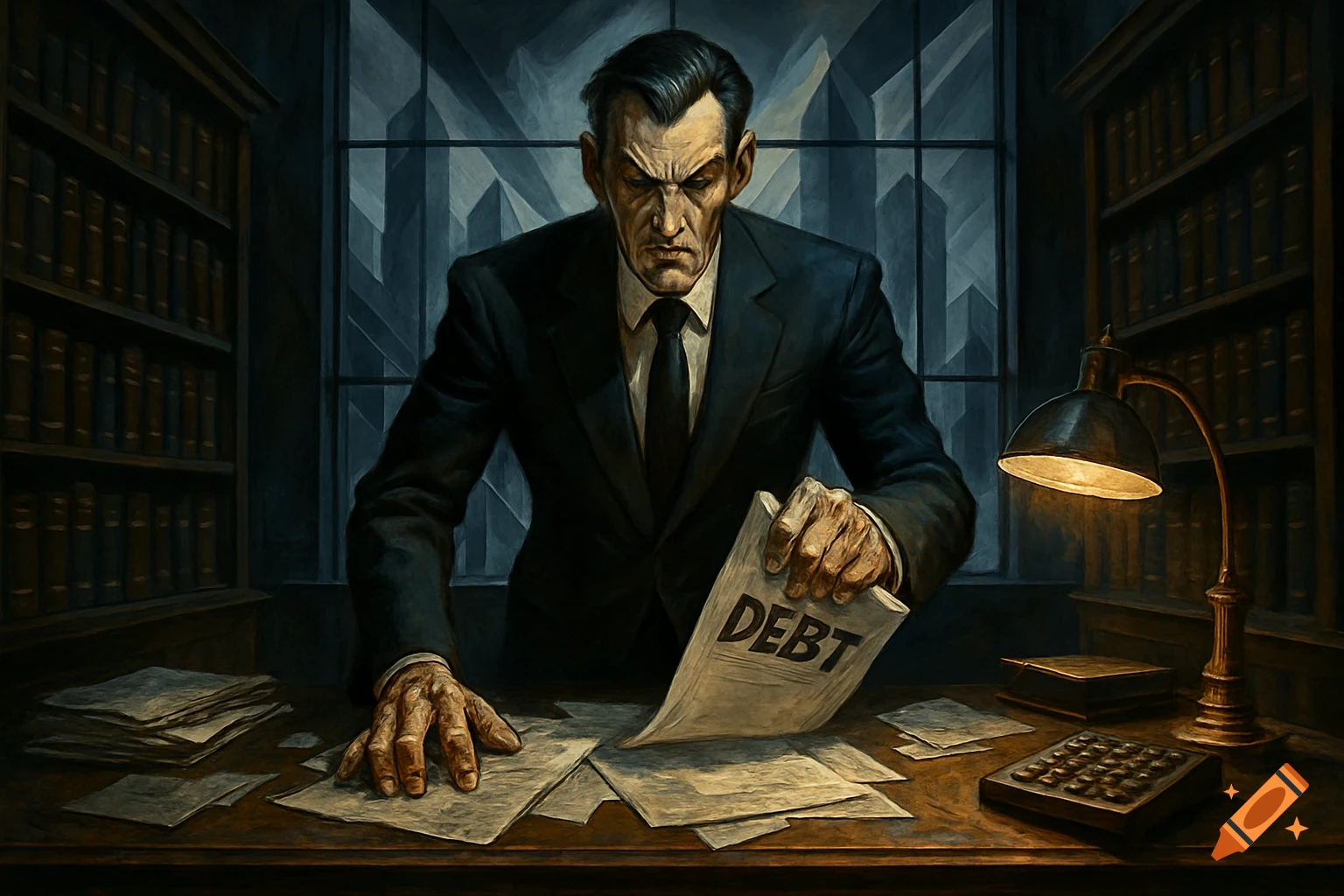 A stern man in a suit dramatically holds a paper labeled 'DEBT' at a cluttered desk, in a dark, stylized illustration.