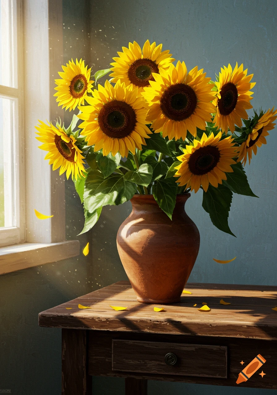 Vibrant yellow sunflowers in a terracotta vase on a wooden table, sunlight streaming from a window, scattered petals.
