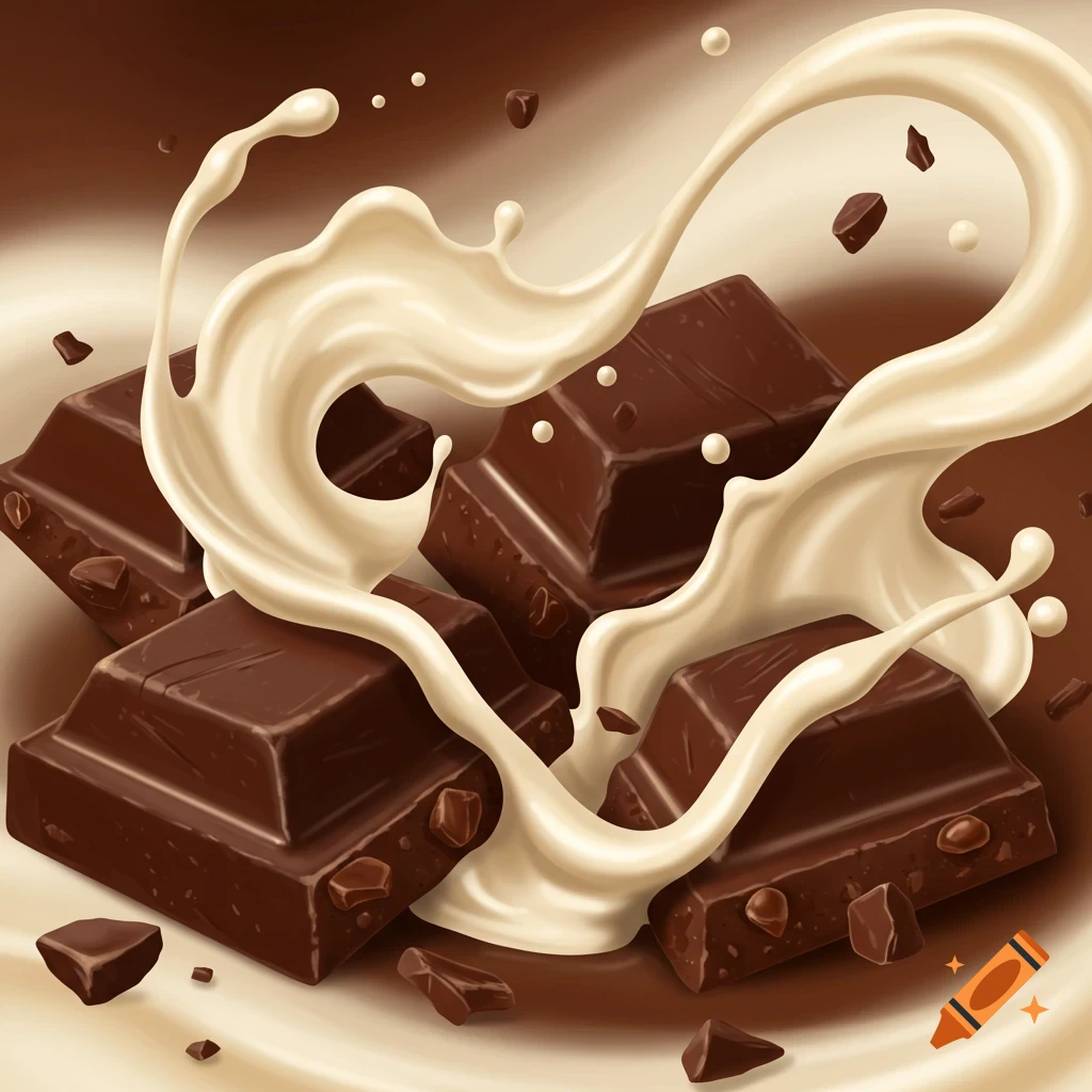 Chunks of broken chocolate with white cream splashing over them, set against a creamy brown background in a photorealistic style.