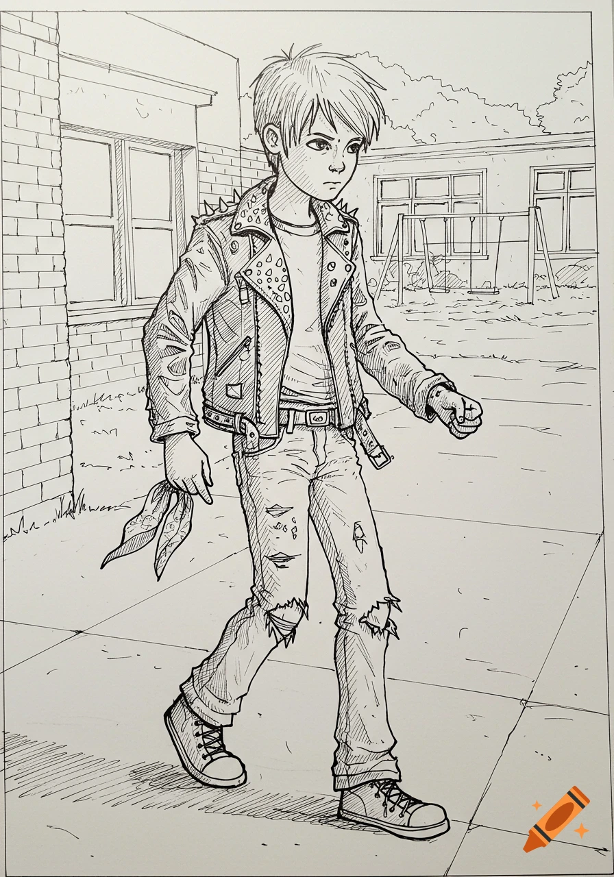 Black and white line art of a teenage boy in a spiked jacket and ripped jeans, walking past a school building and playground.