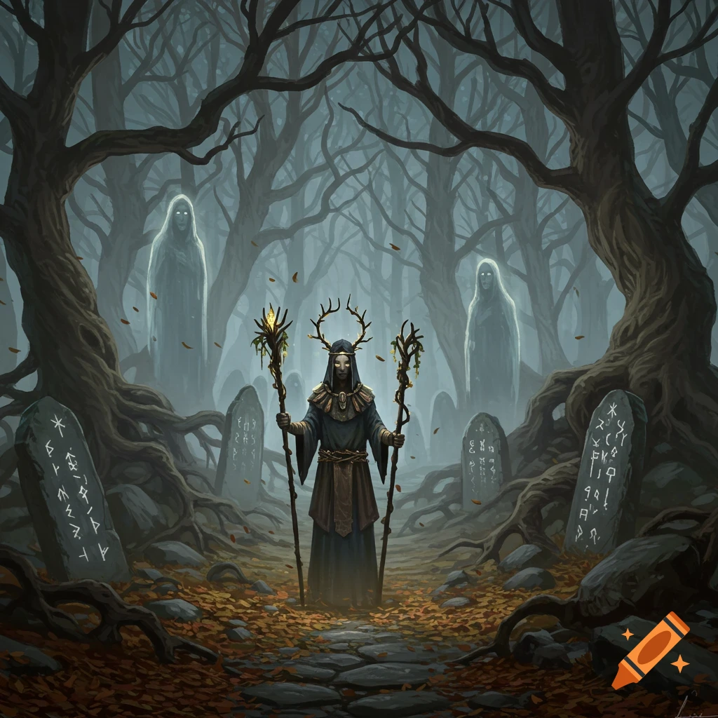 A cloaked figure with a deer skull mask and antlers stands on a path in a foggy, gnarled forest with runestones and ghosts.