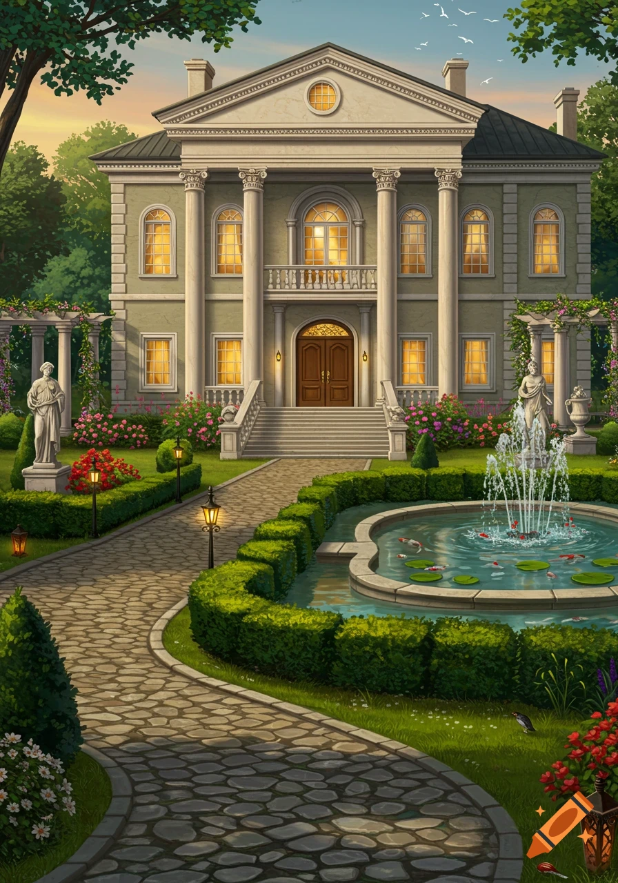 Illustrated grand classical mansion with columns, a lush garden, stone path, fountain, and statues under a sunset sky.
