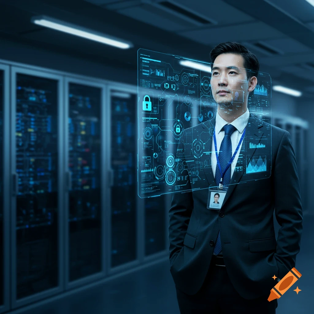 Photorealistic image of a man in a suit standing in a server room with a holographic data display in front of his face.