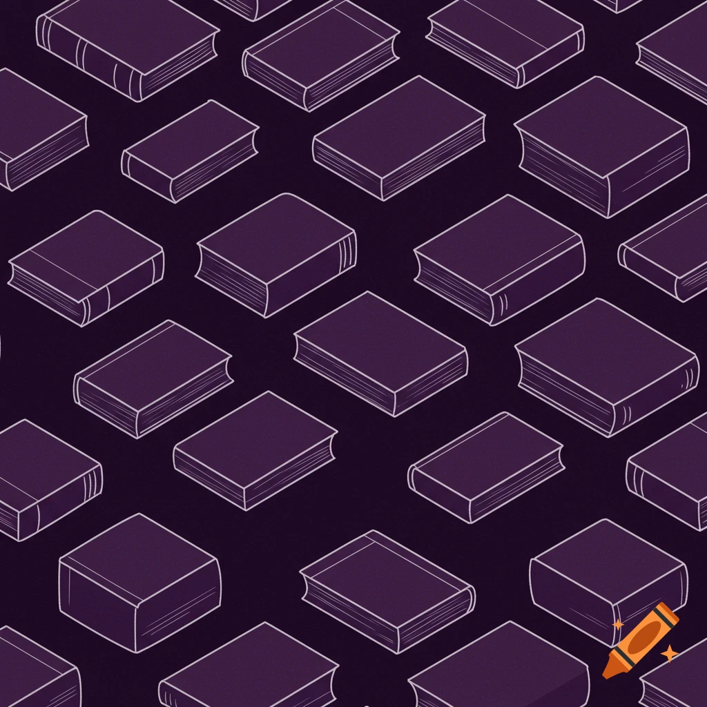 Isometric outline illustrations of purple books repeating in a seamless pattern on a dark background.