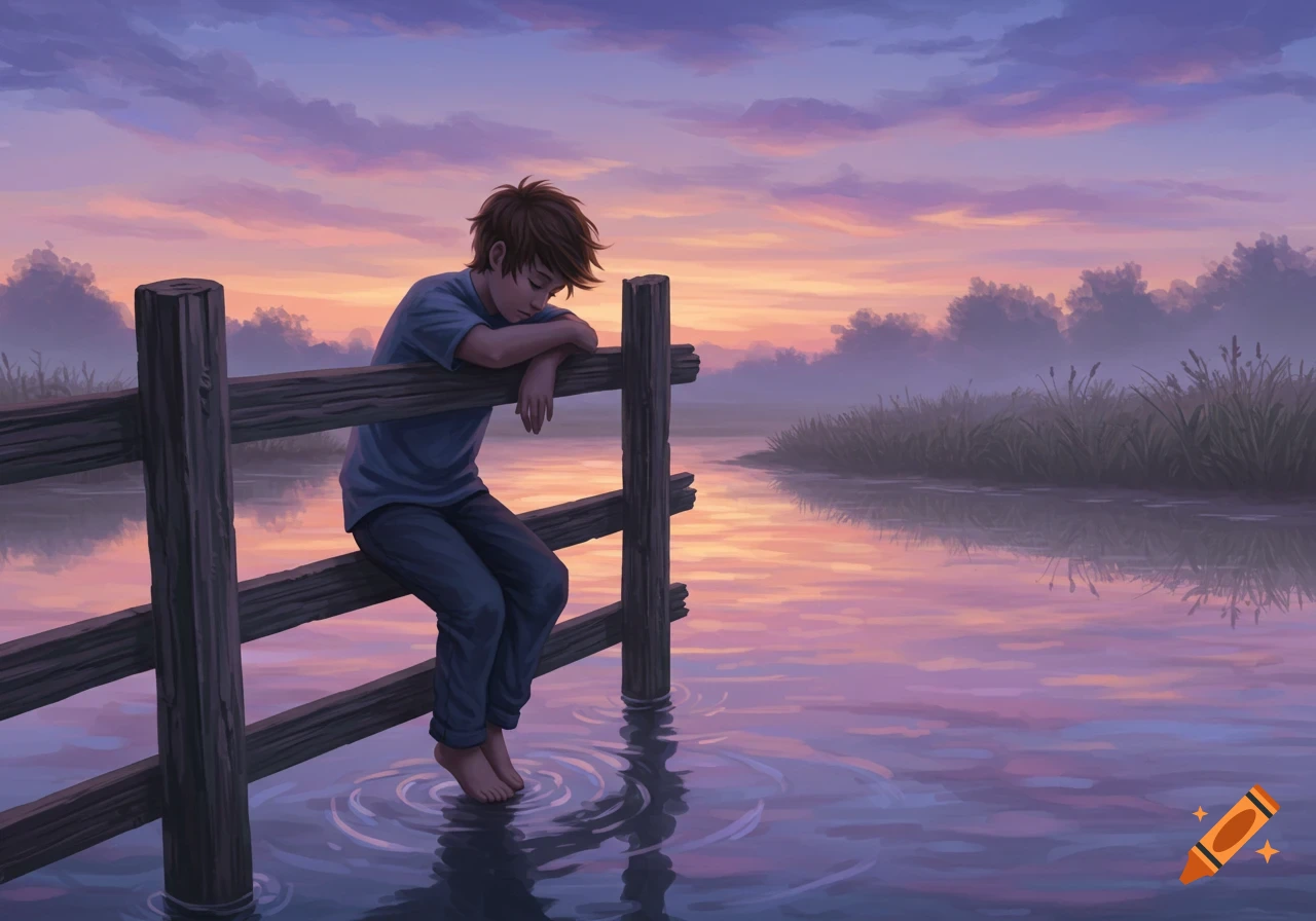 A sad boy sits on a wooden fence over water, with his bare feet dangling into the calm ripples. A vibrant sunset illuminates the sky and reflects on the water.