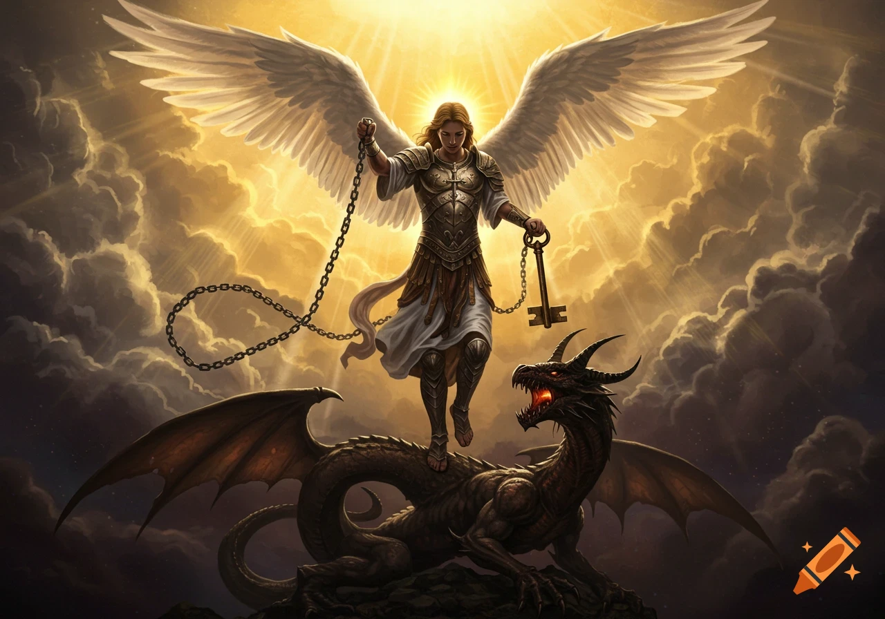 A powerful winged angel in armor stands on a chained dragon amidst glowing clouds, holding a large key in a dramatic fantasy digital painting.
