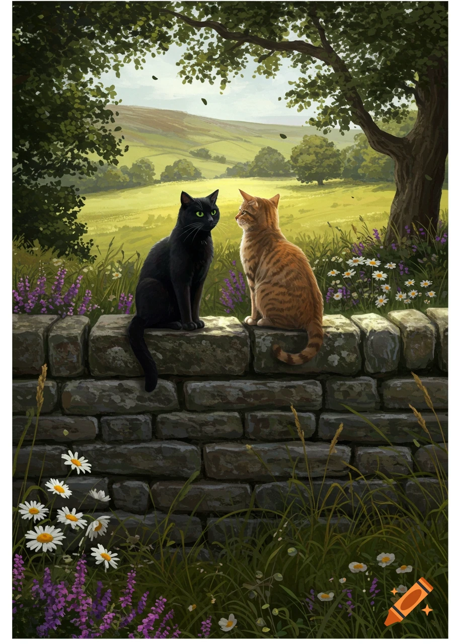 An illustration of a black cat and an orange tabby cat sitting on a stone wall, overlooking a green landscape with trees and wildflowers.