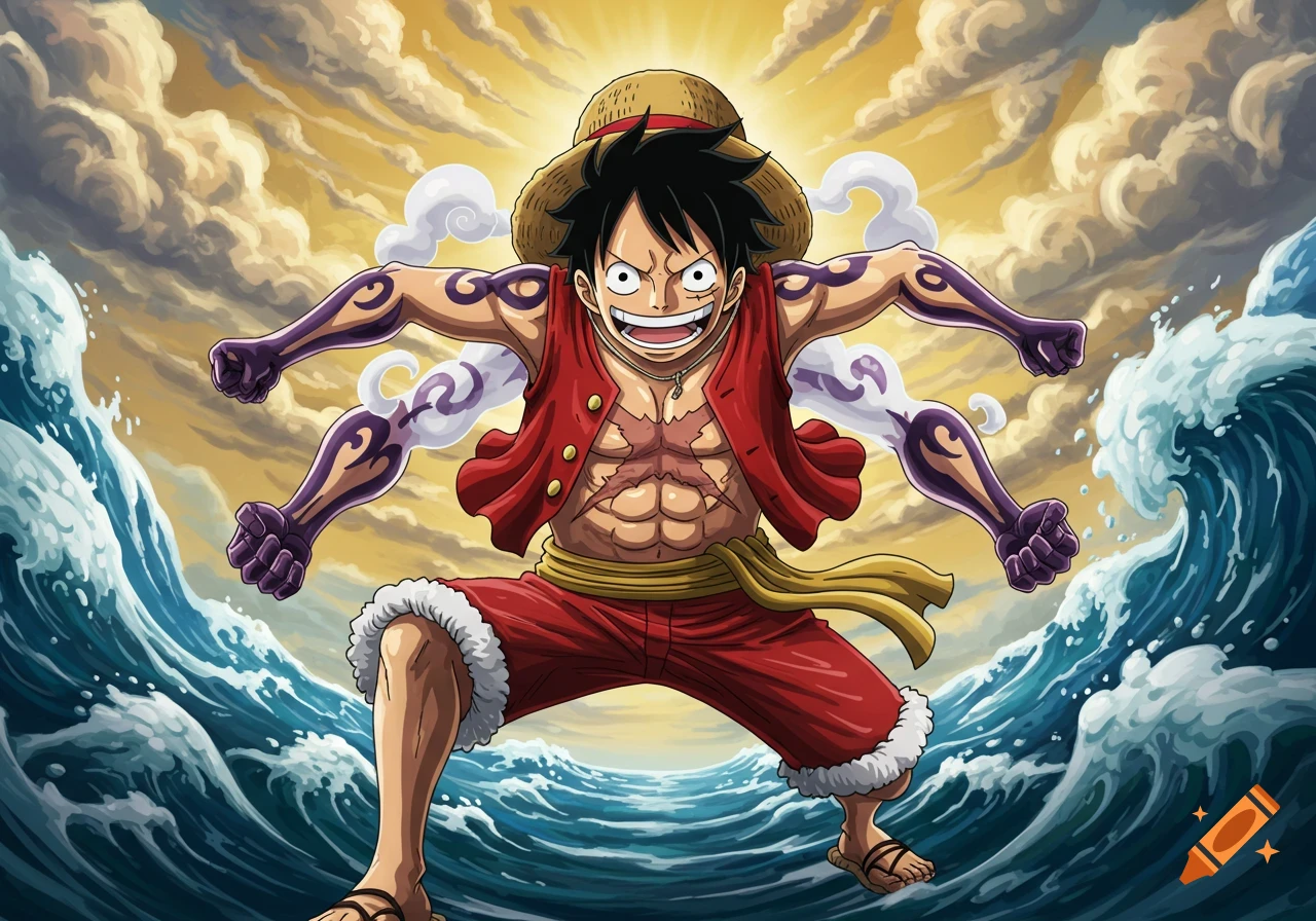 Anime art of Luffy from One Piece with four arms, smiling confidently amidst crashing waves and dramatic clouds.
