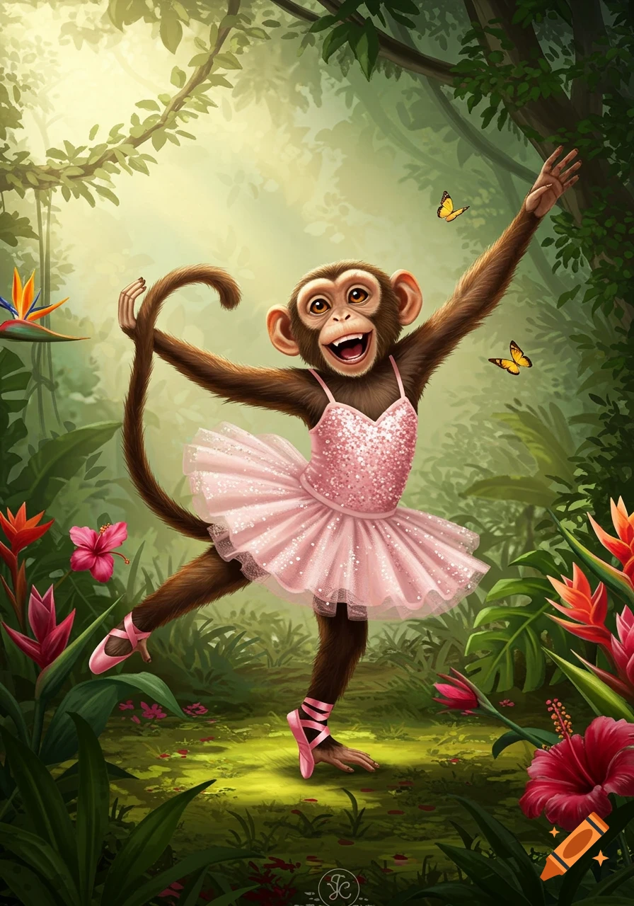 A cheerful monkey in a sparkling pink ballerina tutu and pointe shoes dances in a vibrant jungle surrounded by tropical flowers and butterflies.