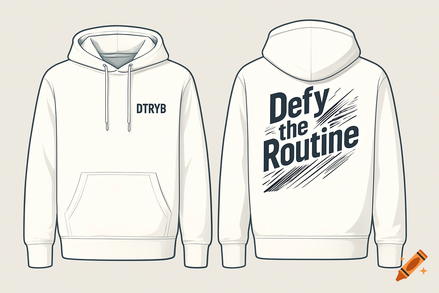 Vector illustration of a white hoodie, front shows 'DTRYB' on left chest, back shows 'Defy the Routine' graphic.