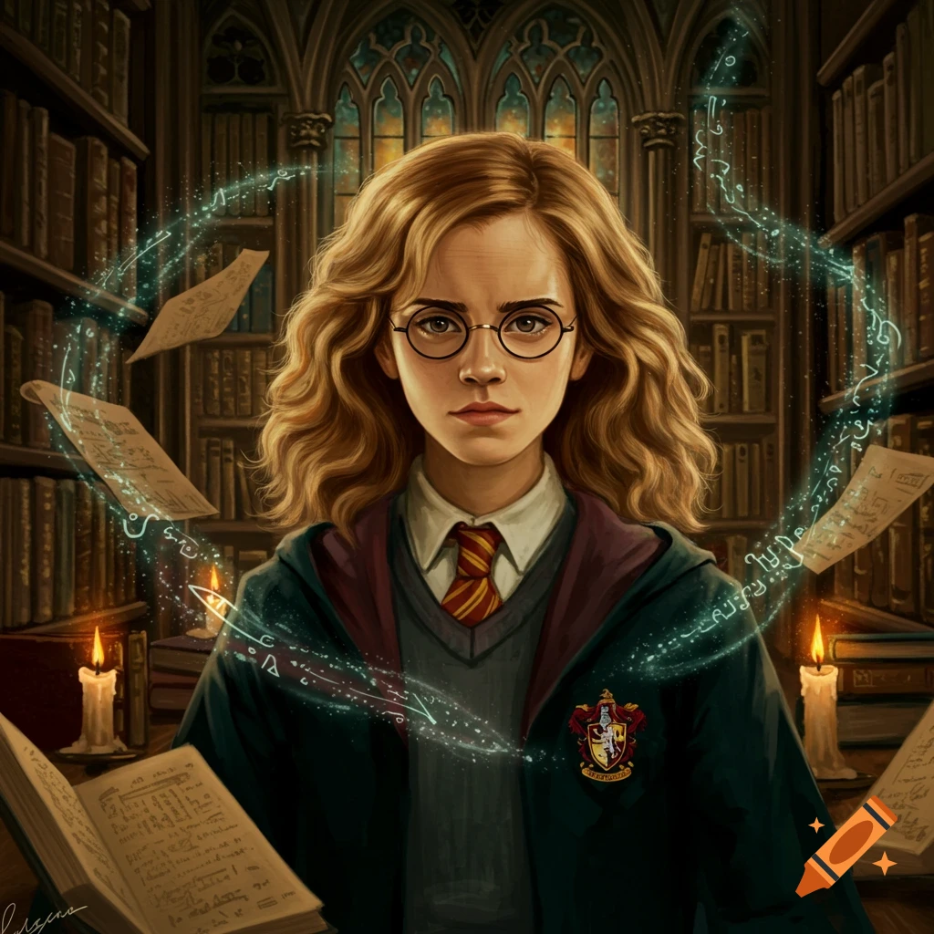 An illustrated portrait of a young witch, like Hermione Granger, with glasses and curly hair, in a magical library with glowing runes and floating papers.