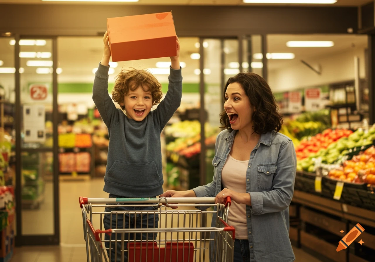 An excited young boy stands in a shopping cart, holding up an orange box, while his mother smiles beside him in a supermarket.