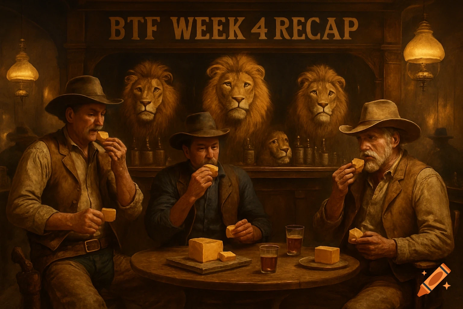 Three cowboys eat cheese in a painterly saloon with lion heads mounted behind the bar and "BTF WEEK 4 RECAP" on a sign.