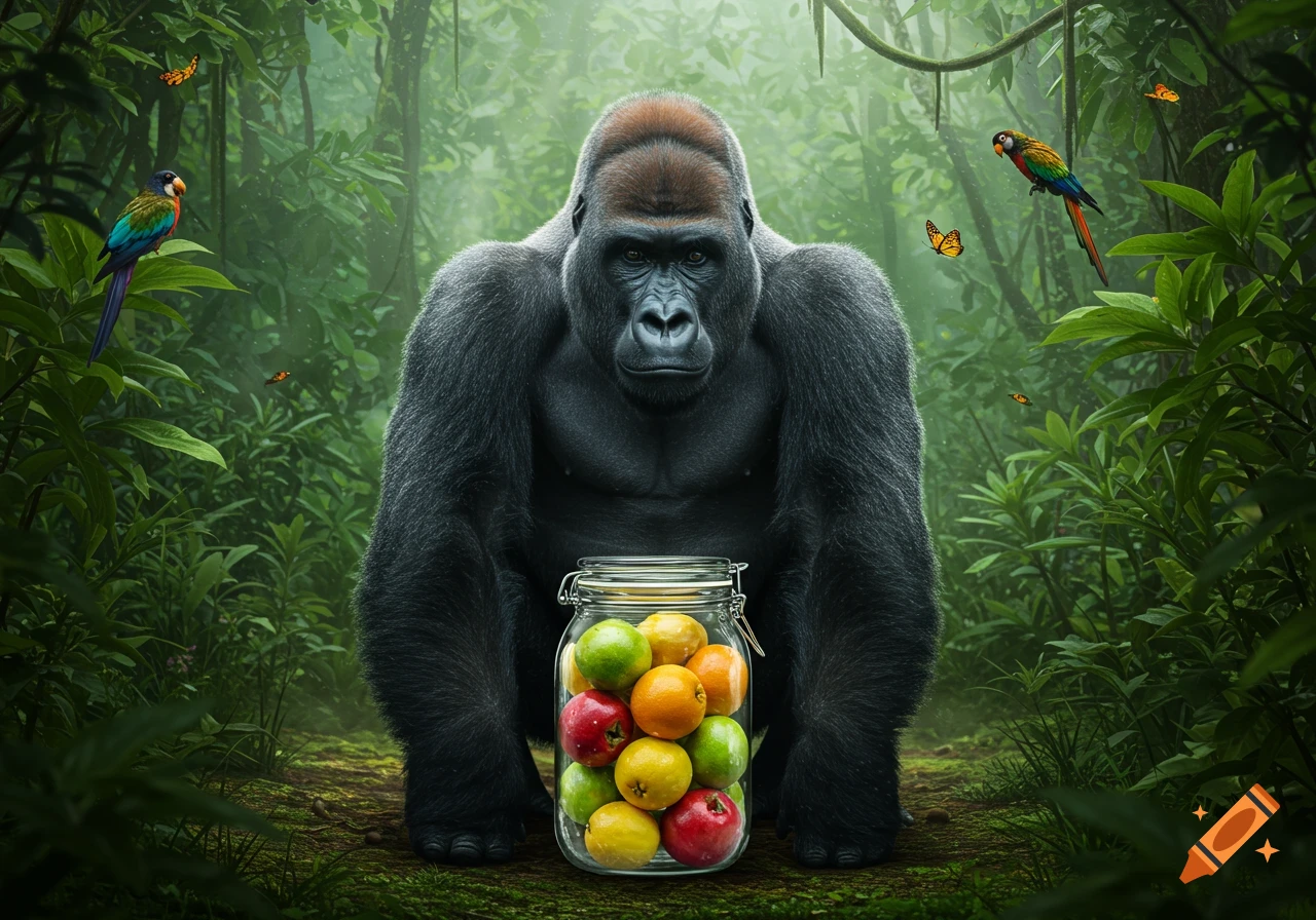 A photorealistic gorilla squats over a glass jar filled with colorful fruits in a lush jungle, with parrots and butterflies.