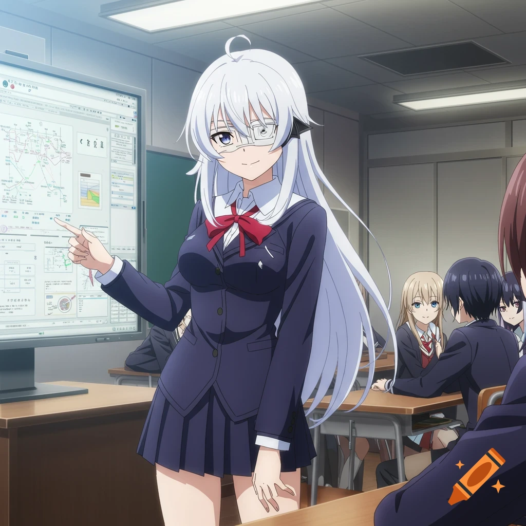 Anime girl with white hair and an eyepatch, wearing a school uniform, points at a screen during a classroom presentation.