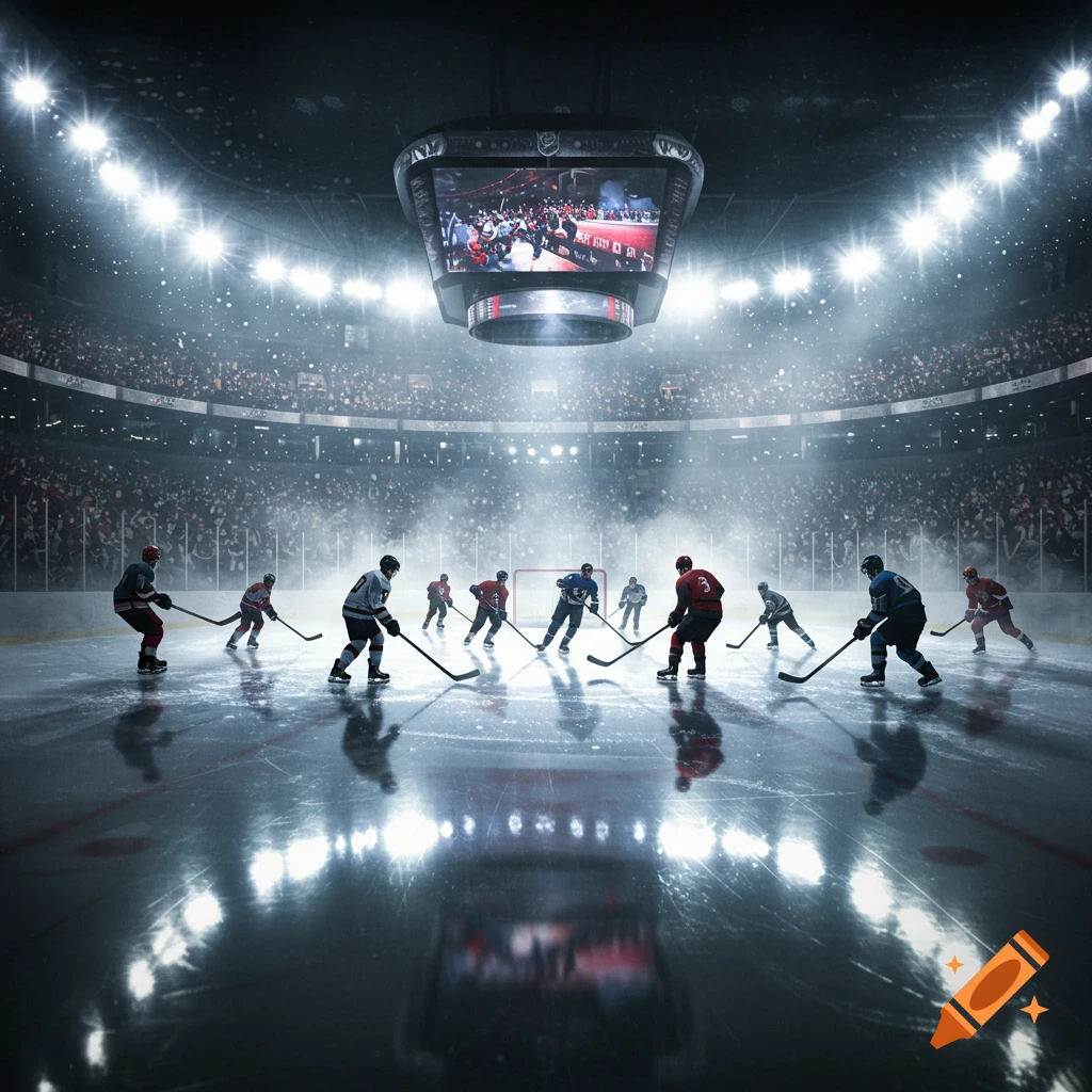 A high-angle view of a professional hockey game in a brightly lit arena with numerous players on the ice and a crowd in the stands.